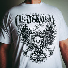 Load image into Gallery viewer, This shirt comes in yellow gold, black or white. It has a eagle emblem with a shield in the center containing a skull with lightning through it. The brand name Oldskull Shirts is written above it in bold print. This is a streetwear vintage style of shirt made of the coolest design by Oldskull Store USA the best in North America.
