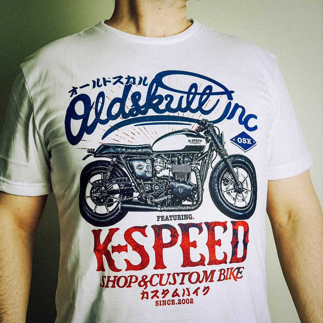 K Speed motorcycle Shirt from the Oldskull Motorcycle Express collection.  The leader in Japanese Streetwear.  The best-looking, most comfortable, softest t-shirt's available anywhere. The Oldskull Express Collection features vintage styled t-shirts with a strong Japanese influence combined with Americana, retro and streetwear design elements. The result is unique design you will only find at Oldskull Store USA the best shirt store in North America.
