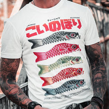 Load image into Gallery viewer, Be Bright! Fresh from the market.  This Koi flag in the Japanese style features vibrant colors.  The leader in Japanese Streetwear.  The best-looking, most comfortable, softest t-shirt&#39;s available anywhere. The Oldskull Express Collection features vintage styled t-shirts with a strong Japanese influence combined with Americana, retro and streetwear design elements. The result is unique design you will only find at Oldskull Store USA the best shirt store in North America.